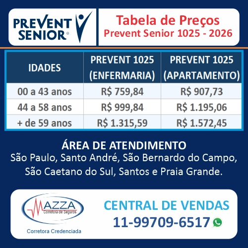 Tabela de Preço Prevent Senior Tabela de preços Prevent Senior 1025 em São Paulo, Grande ABC, Santos e Praia Grande. Valores de planos de saúde para idosos.