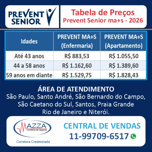 Tabela de Preços Prevent Senior Mais - Ma+s — Junho 2026 Tabela de preços Prevent Senior Ma+s em São Paulo, Rio de Janeiro, Niterói e ABC. Valores de planos de saúde hacker.